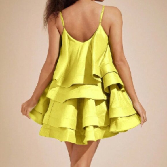 Yellow Layered Exaggerated Tier Ruffle Mini Baby Doll Taffeta Dress Small - Picture 3 of 3